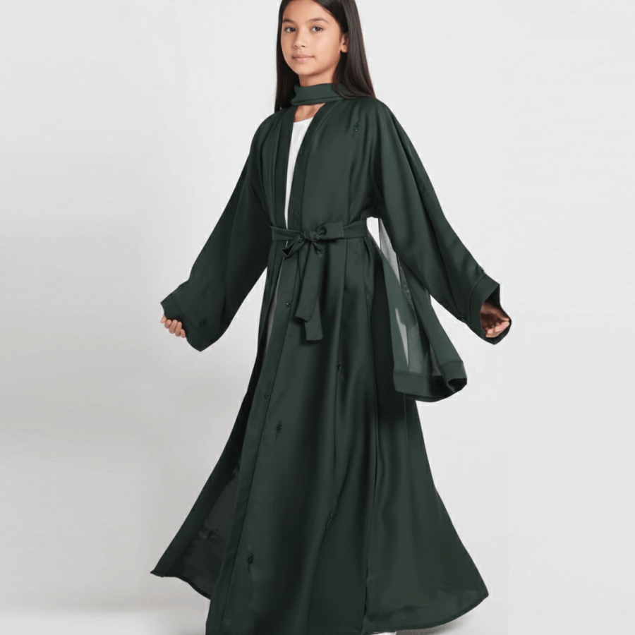 Junior Girls Emerald Botanique Embellished Open Abaya