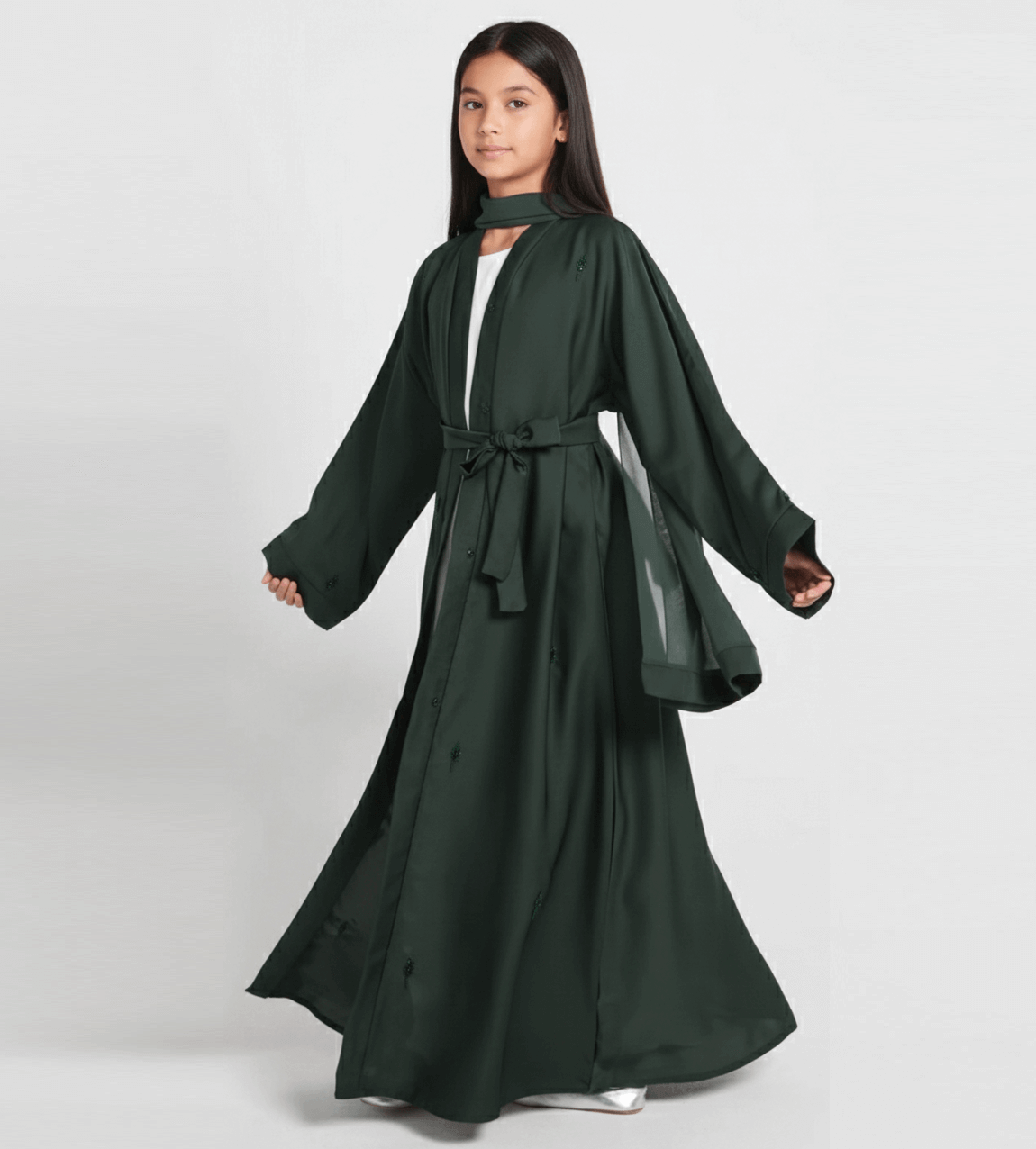 Junior Girls Emerald Botanique Embellished Open Abaya