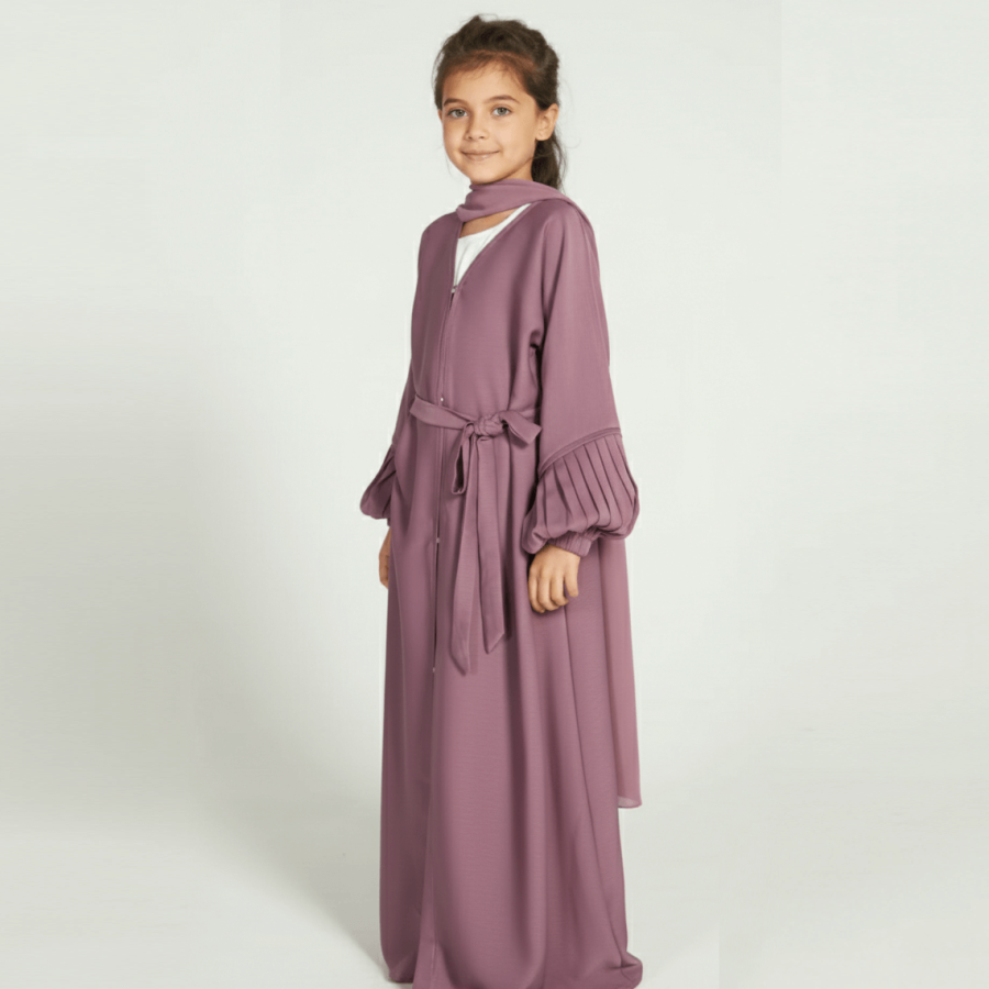 Junior Girls Premium Textured Open Abaya With Pleated Cuffs